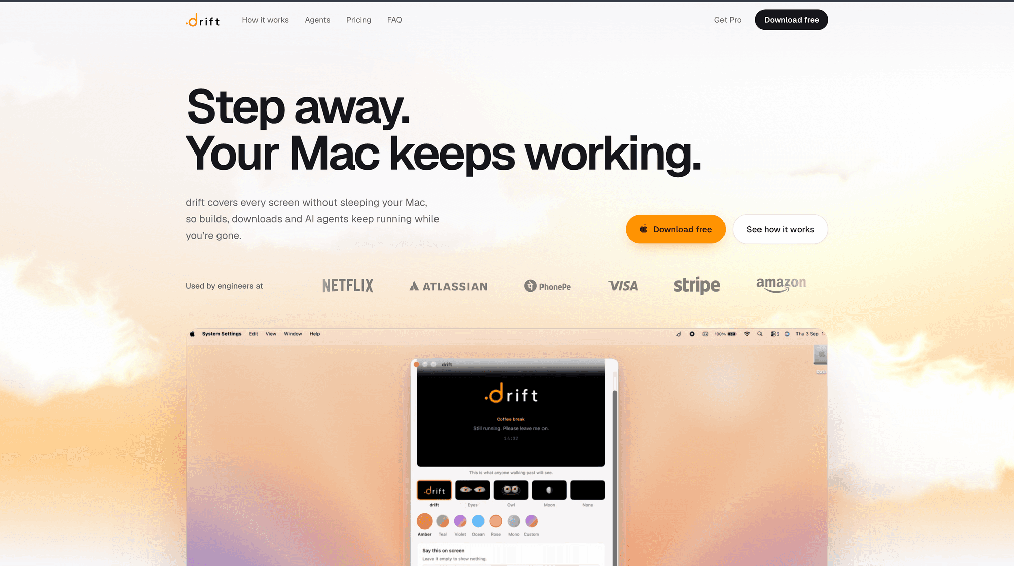 drift: A macOS screen cover that keeps your Mac awake — so builds and AI agents keep running while you step away.